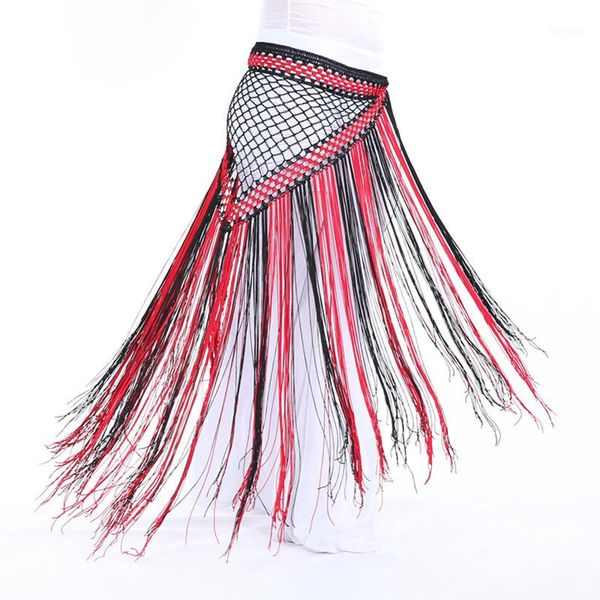 

argentina style belly dance clothes accessories practice long tassel triangle belt hand crochet belly dance colored hip scarf1, Black;red