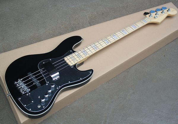 Fabrikgroßhandel 4 Saiten schwarze E-Bassgitarre mit Tonabnehmerabdeckung, schwarzem Schlagbrett, Ahorngriffbrett mit Perleneinlage