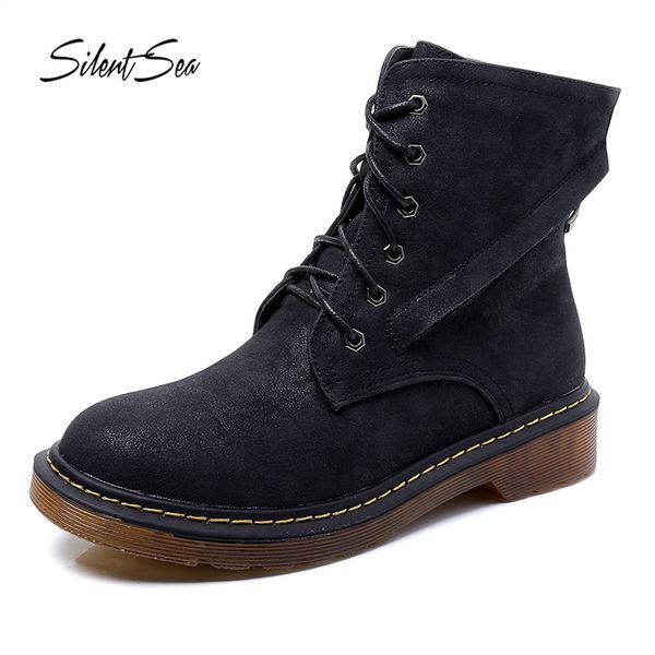 

silentsea fashion women boots fashion leather ankle boots round toe wetrn style womenss shoes spring autumn women, Black