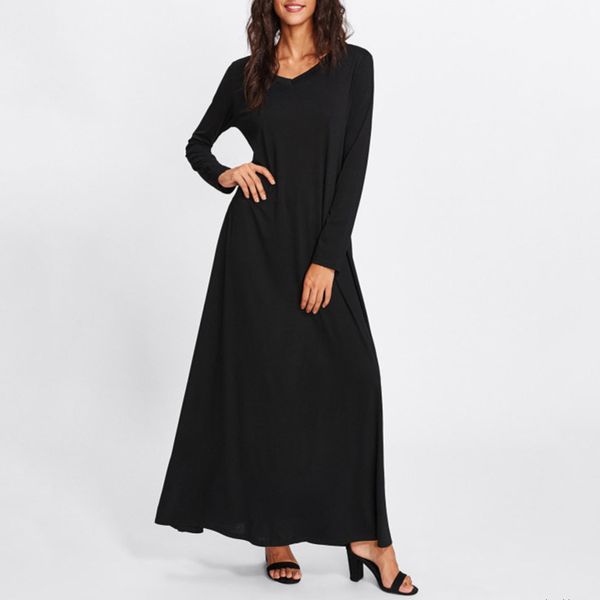 

womens designer solid color v-neck long dressh, Black;gray