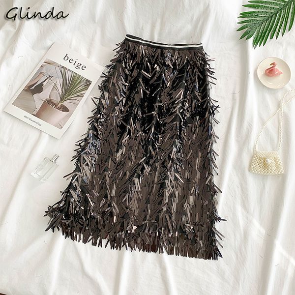 

fashion sequined long skirt women elastic high waist ladies black pink summer wrap tassel party punk rock midi skirt female