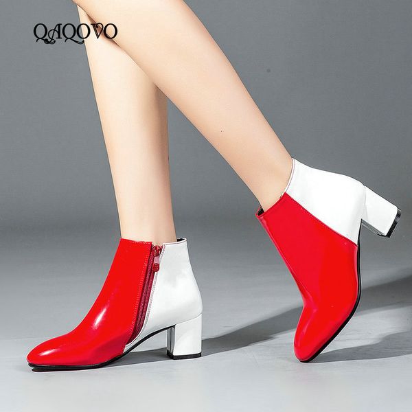 

fashion patent leather ankle boots women spring autumn square high heel zipper boots round toe woman shoes gold red black silver