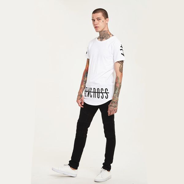 

hip hop cotton punk print t shirt men long line men straight type short sleeve tshirt arc hem streetwear t-shirt, White;black