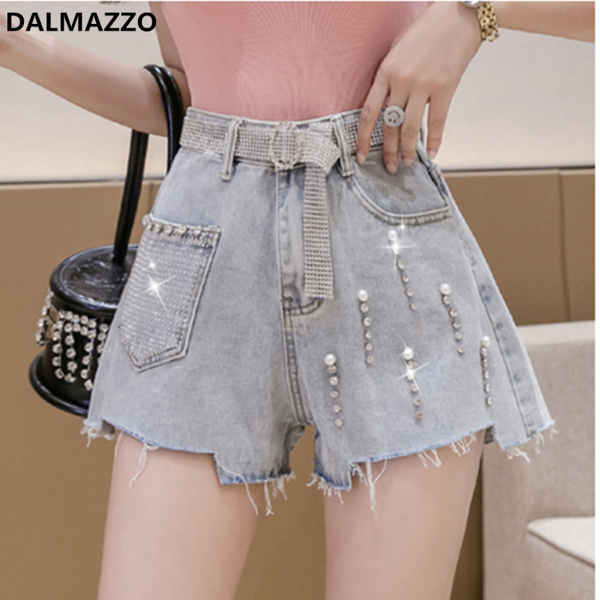 

plus size women push up high waist belt denim shorts 2020 summer students fashion rhinestone beads wide leg jeans shorts pants, Blue