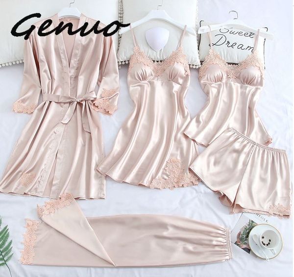 

genuo new 4 pieces women pajamas sets satin sleepwear silk nightwear pyjama spaghetti strap sleep lounge pijama with chest pads, Black;red