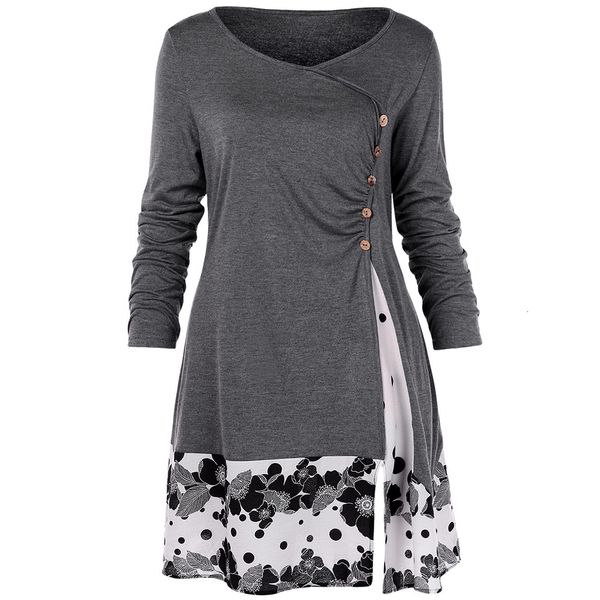 

woman women blouse size plus 5xl draped floral long tunic shirts long sleeve o neck buttons embellished spring casual tee, White