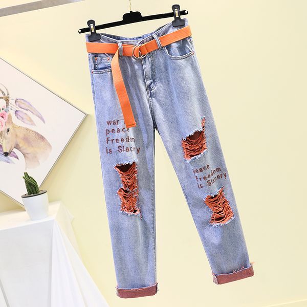 

new summer straight jean girls lady letter embroidery wide-legged jeans for women streetwear hole cowboy pants loose trouser, Blue