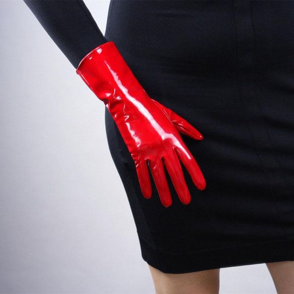 Handschuhe Lackleder Fingerlose Handschuhe Weiblich Hellrot Kurz Stil Nachahmung Echt 28cm Ungefüttert Sexy Cosplay Frau Fäustlinge PU26