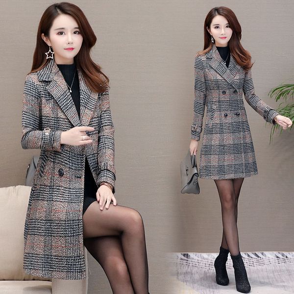 

2019 spring autumn korea lattice woolen coat long sleeve elegant women coats new large size fashionable female clothing 1082, Black