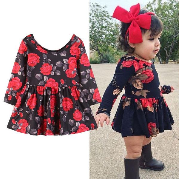 

baby girl ruffle dress kids designer clothes printed rose princess dress frills skirts knee- length autumn spring long sleeves 1-6t, Red;yellow