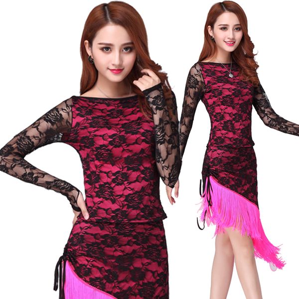 

retail latin dance dress tassel elegant women tango ballroom salsa stage dance costumes lace patchwork dancewear, Black;red