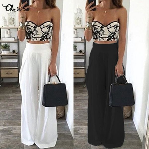 

celmia 2020 high waist loose casual palazzo solid long trousers women summer wide leg pants beach pants plus size pantalon femme, Black;white