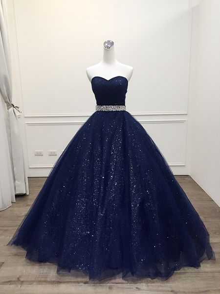 

Bling Sequined Fabric Navy Quinceanera Prom Dresses 2019 Ball gown Sweetheart Crystal Beaded Long Sweet 16 Dress For Girls Party Cheap New