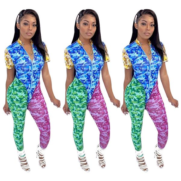

multicolor camouflage short sleeve jumpsuits o neck zipper up skinny club playsuits fashion rompers women jumpsuits overalls, Black;white