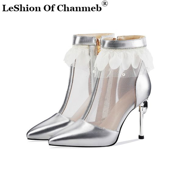 

2020 stiletto 9cm high heel crystal booties spring pointy toe female ankle boots silver black mesh lace wedding party shoes new