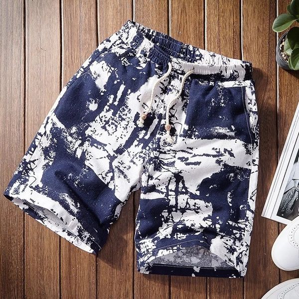 

2019 beach shorts casual shorts men drawstring printed male streetwear mens summer men cotton linen beach fashion, White;black