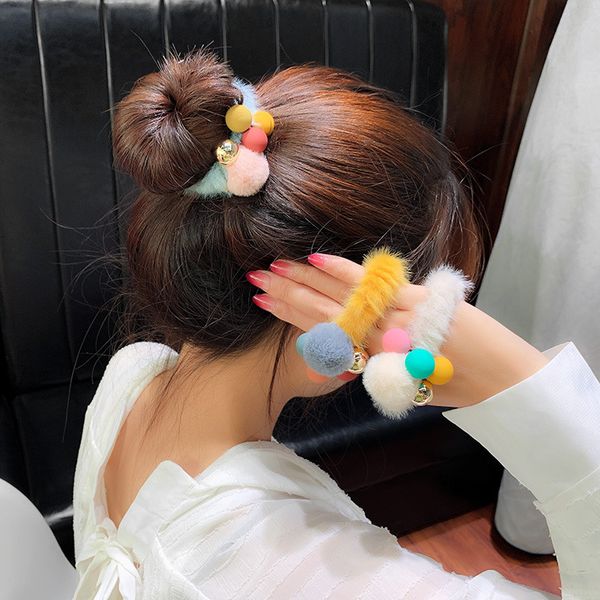 

60pcs/lot diy simple multi maiden plush balls rubber band elasticity pearl hair bands styling tool accessory ha1676, Brown