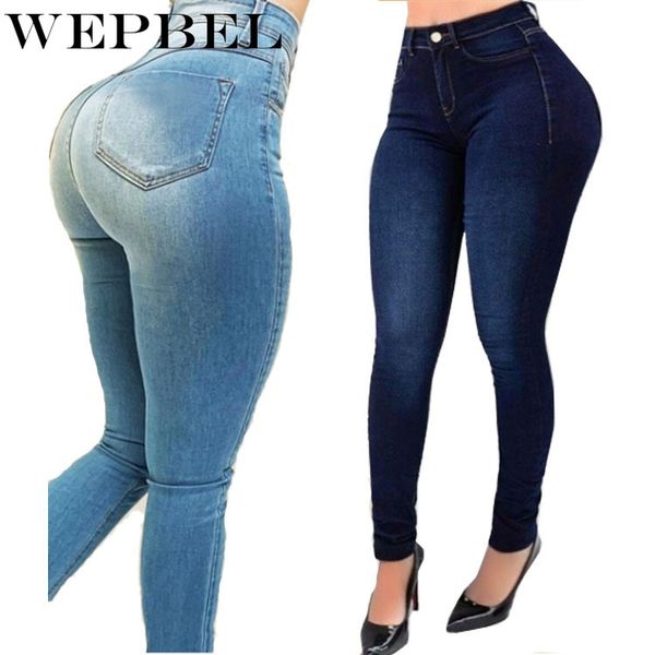 

wepbel women's casual stretch slim jeans high waist full length pencil pants solid color skinny denim pants, Blue