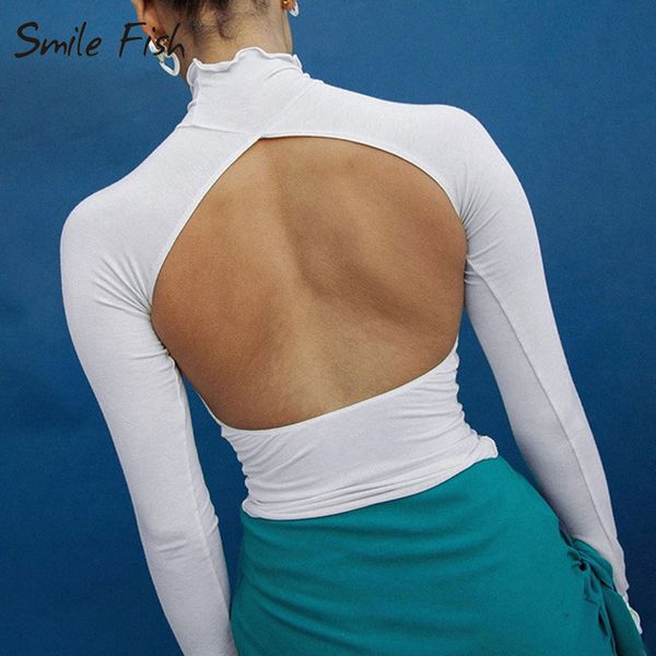 

backless turtleneck tee shirts spring long sleeve skinny lady blusas streetwear women cut out club solid tshirt g1423, White