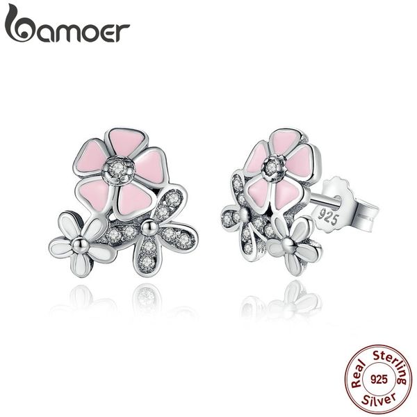 

bamoer sell 925 sterling silver poetic daisy cherry blossom drop earrings pink flower women wedding pas461