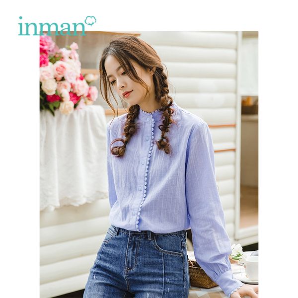 

inman spring autumn cotton turn down collar literary retro casual all matched loose long sleeves women shirt, White