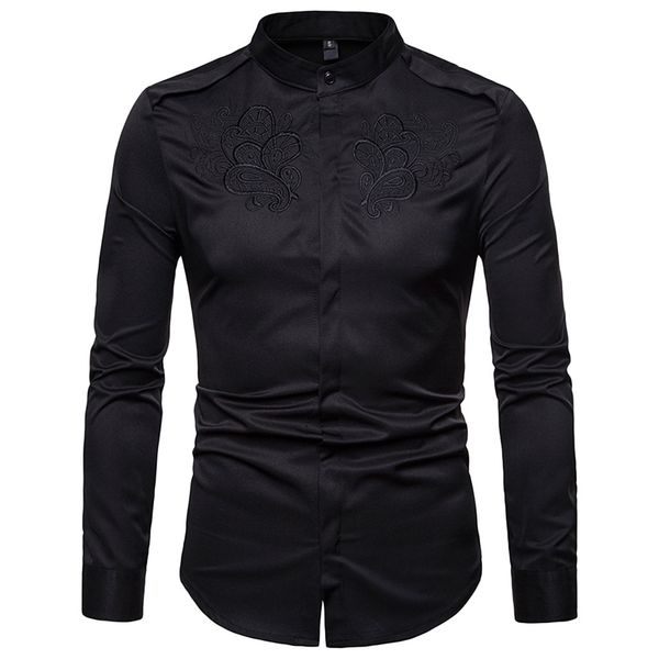 

2019 men's casual solid color print long sleeve shirt blouse gold embroidery ethnic style printed button up shirt #ve187, White;black