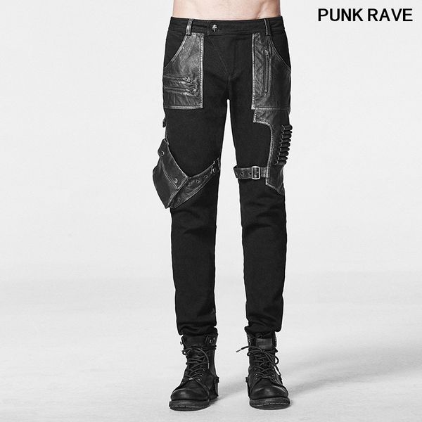 

gothic elastic denim wash water handsome long trouser punk rock pu leather unilateral activity men pants punk rave k-223, Black