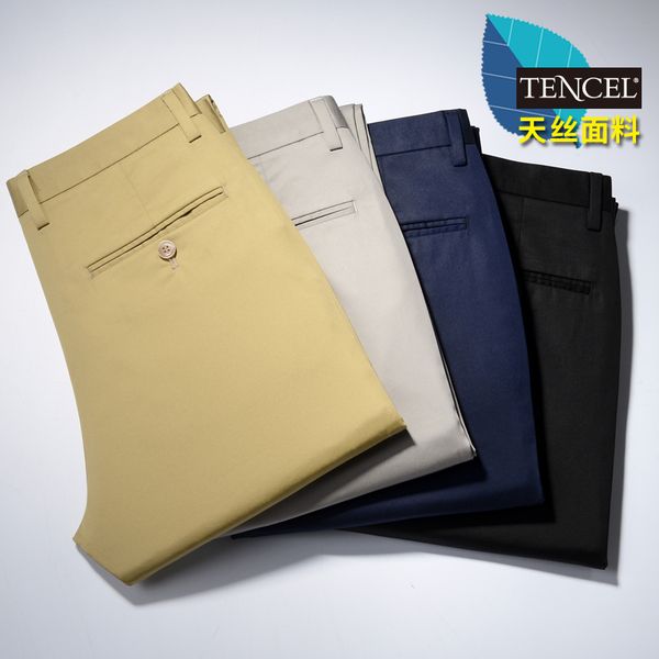 

tencel casual pants men's young and middle-aged business slim pants 2020 thin overalls men's straight long, Black
