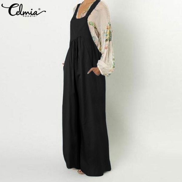

women's vintage rompers celmia 2020 summer long jumpsuits casual loose solid wide leg pants sleeveless pockets plus size overall, Black;white