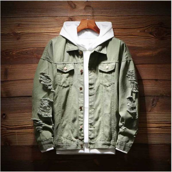 

men's autumn denim trendy jackets casual hip hop fashion vintage ripped overcoats streetwear cowboy jeans outerwear, Black;brown