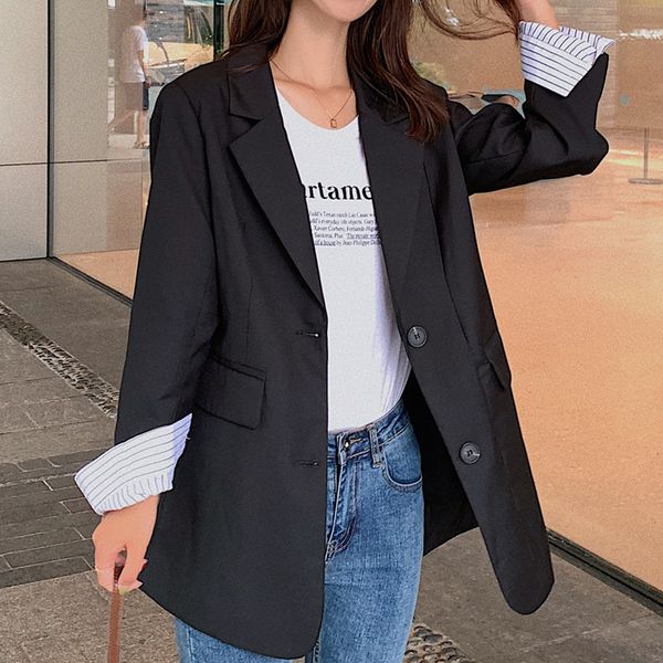 

casual cuff striped women blazer jacket notched collar single breasted female suit coat fashion outerwear blaser femme jacket, White;black