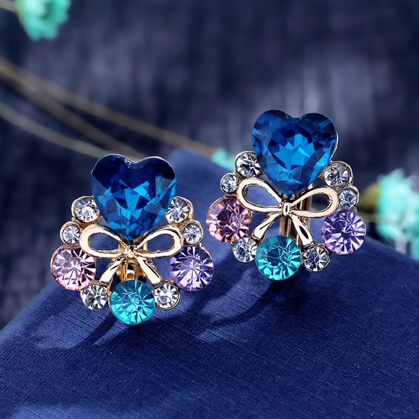 

grace jun new arrival rhinestone crytsal heart bowknot clip on earrings without piercing for women party wedding cute ear clip, Silver
