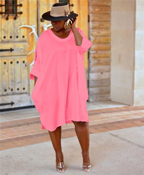 

Womens Summer Designer Solid Color Dresses Open Cuff Crew Neck Half Sleeve Plus Size Female Clothing