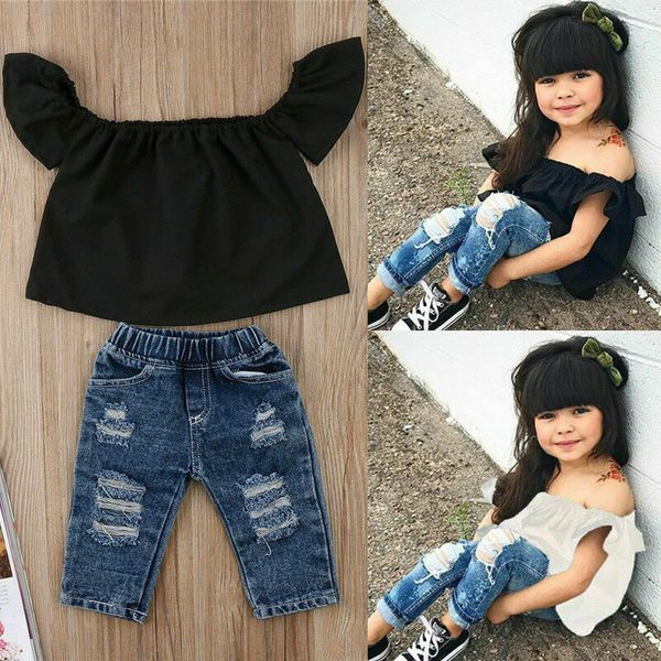 

summer toddler baby girl clothes set solid off shoulder 2pcs vest+hole jeans outfits casual clothes 0-4y girls baby fashion, White