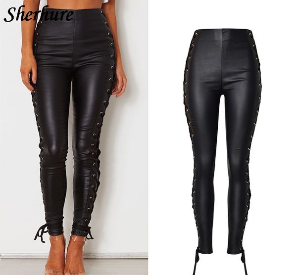 

2018 women pants high waist pu pants stretch solid straps slim pencil women long trousers streetwear black long jeans, Blue