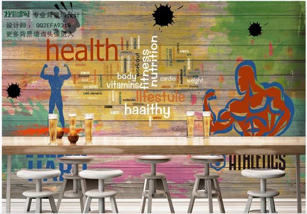 Benutzerdefinierte Fototapete 3D-Gym-Wandbilder Holzbrett Graffiti Sport Fitness Club Bild Wand Hintergrund Dekoration