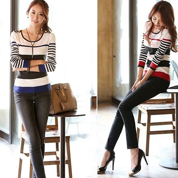 

women long sleeve round neck striped knit sweater shirt slim pullover, White;black