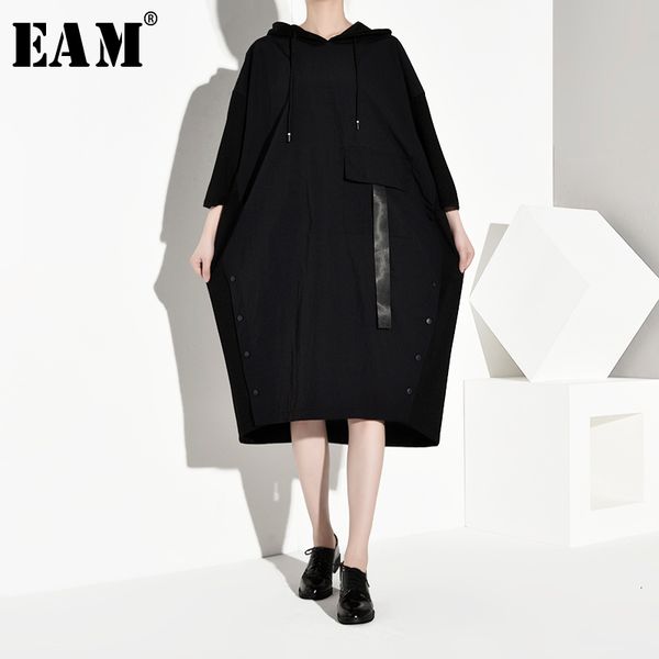 

eam] women black button split asymmetrical big size dress new hooded long sleeve loose fit fashion spring autumn 2020 1a1990, Black;gray