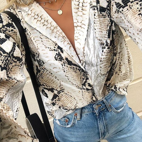 

нового 2018 осень зима мода женщина блуза streetwear змеиная кожа печать с длинным рукавом шифон топы y190510, White