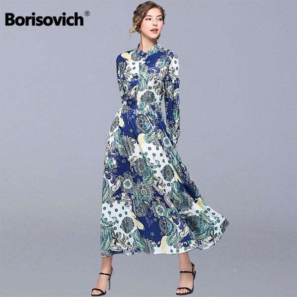 

borisovich vintage print women casual long dress new brand 2019 spring fashion big swing a-line female elegant maxi dresses n997, Black;gray