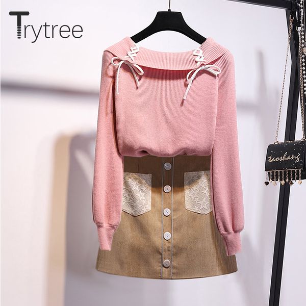 

trytree 2019 autumn winter two piece set casual slash neck solid + skirt mini pockets button fashion office lady 2 piece set, White