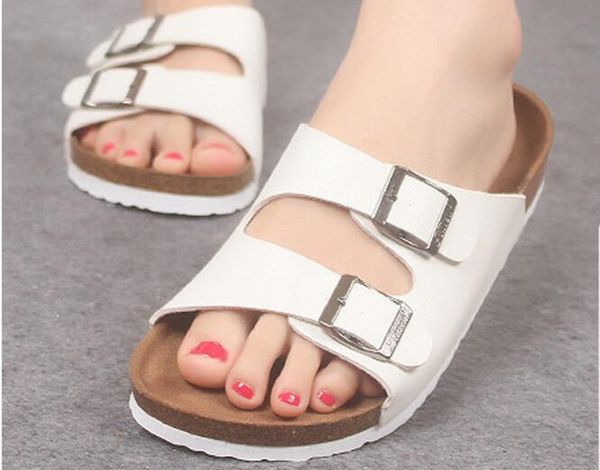 

fashion cork slipper sandals new summer men women couples patchwork beach slides double buckle flip flops shoe white