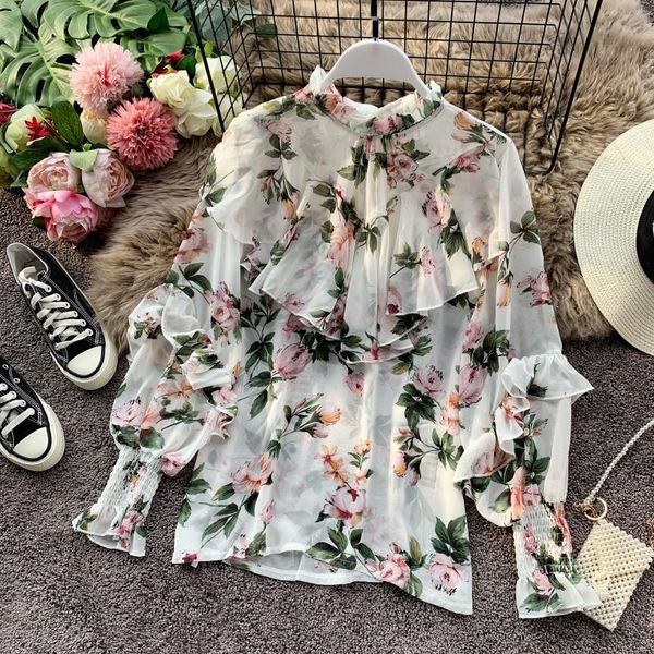 

spring autumn new korean women blouses stand collar puff sleeve ruffles shirts fairy floral print chiffon shirt fit blusas, White