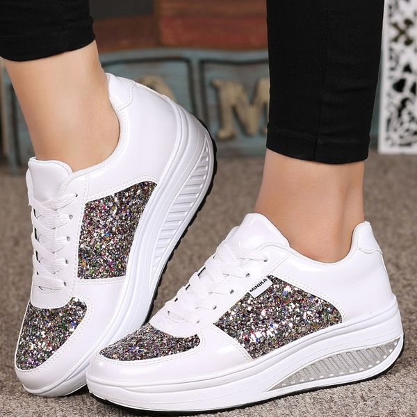 

women running shoes shiny lace-up platform sneakers leather height increrasing women shaky outdoor sport shoes female gym