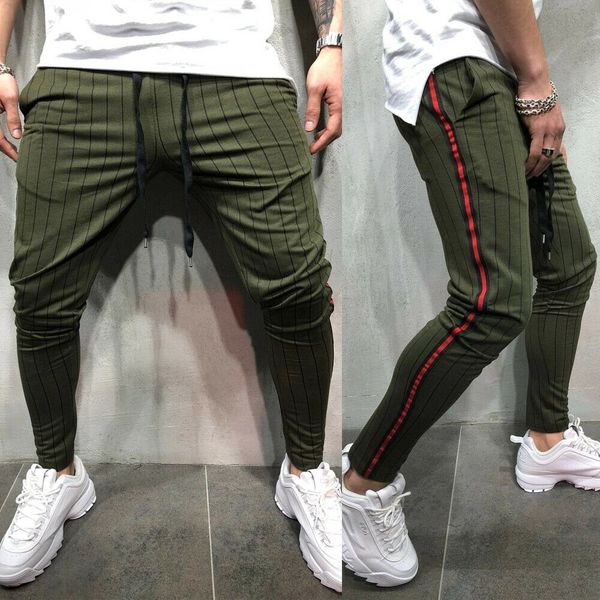 

2019 the fashion wear take cotton blend men striped long casual pants slim fit skinny urban trousers joggers sweatpants, Black