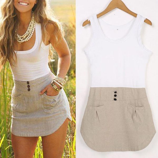 

womens clothing women dress style simple women sleeveless hip cover mini dress girls u neck irregular pocket stitching slim dress 20, Black;gray