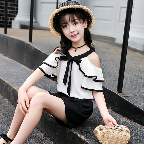 

solid off shoulder shirt + shorts suit summer clothes for teenage girls clothing set 6 10 12 13 14 year y190522, White