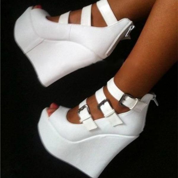

rontic women platform pumps wedges high heels pumps nice peep toe elegant white black party shoes women plus us size 5-15