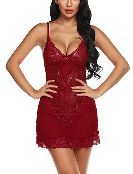 

2019 новые женские дамы сексуальное кружево пижамы твердое белье v шеи регулируемое нижнее белье пижамы babydoll, Black;red