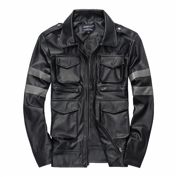 

turn-down collar mens leather jackets pu handsome multi-pocket motorcycle leather jackets clothing black khaki,y010